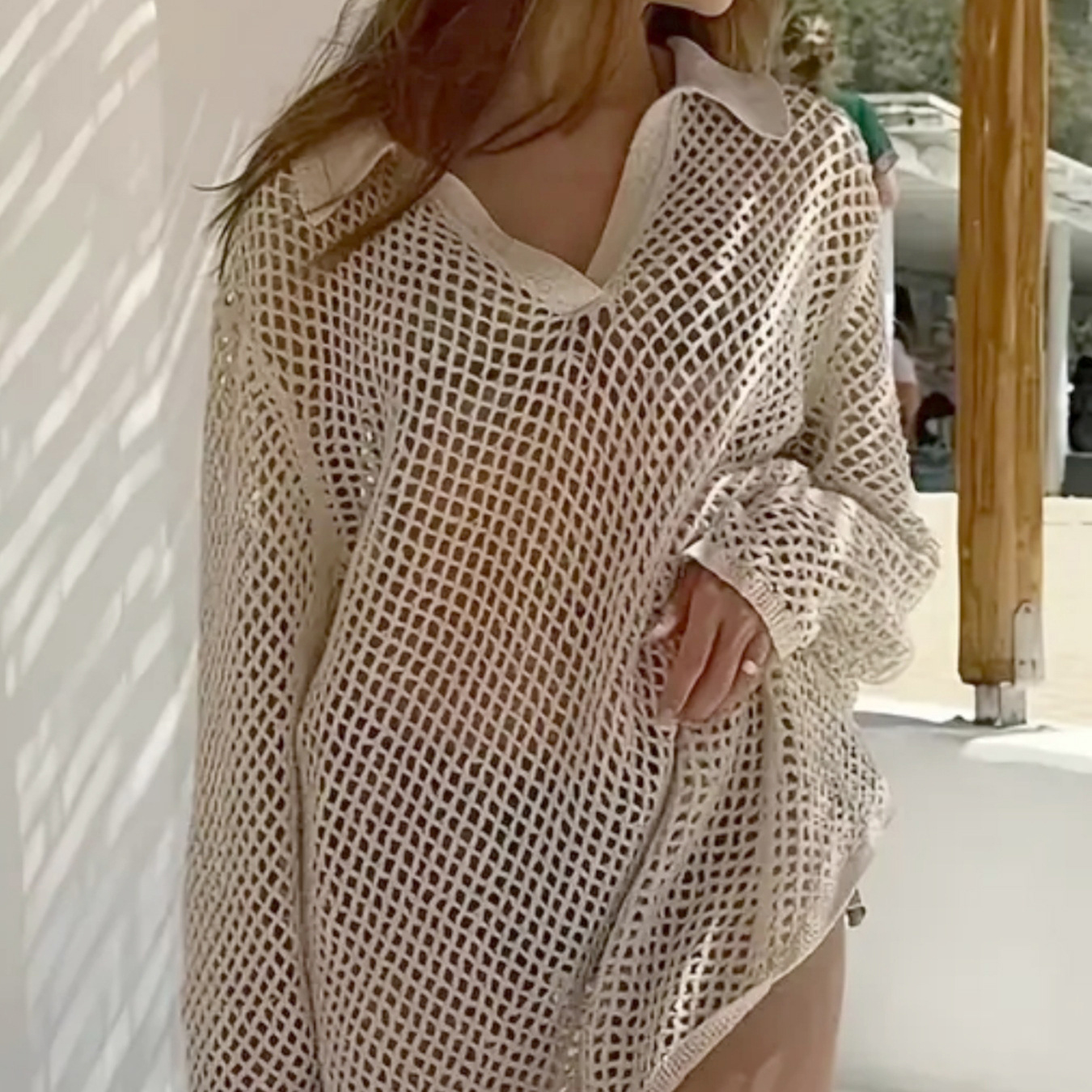 Beach Vacation Polo Dress with Small V Neck Hollow Out Sheer Long Sleeves