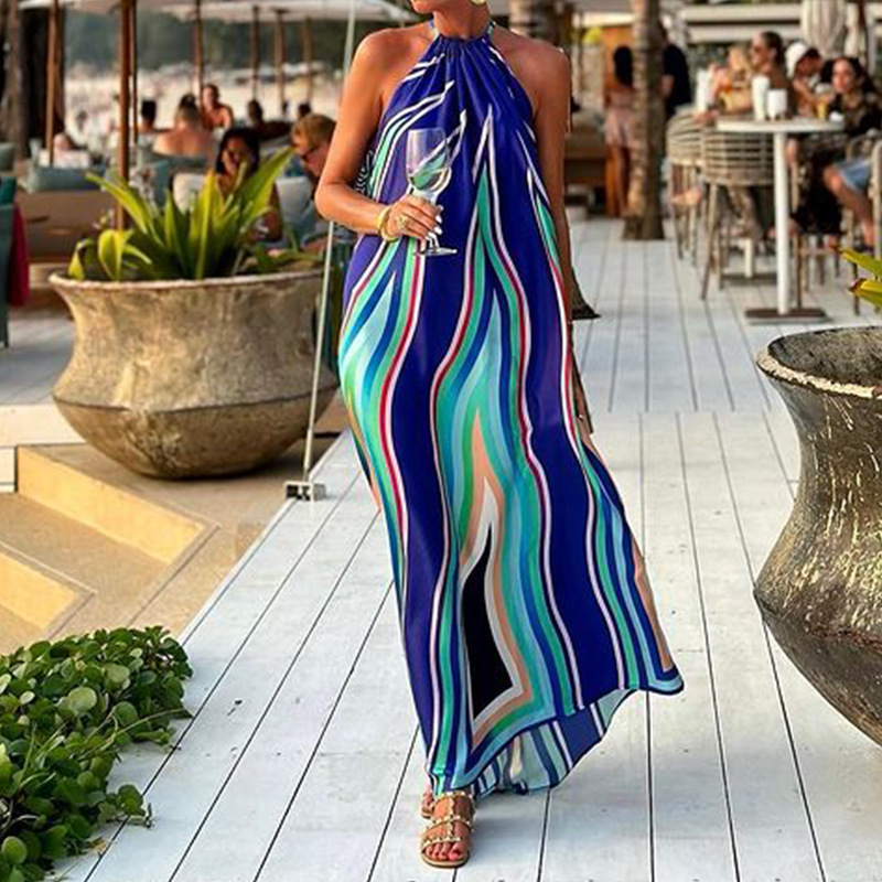 Printed Halter Neck Bohemian Mid-Length Beach Dress