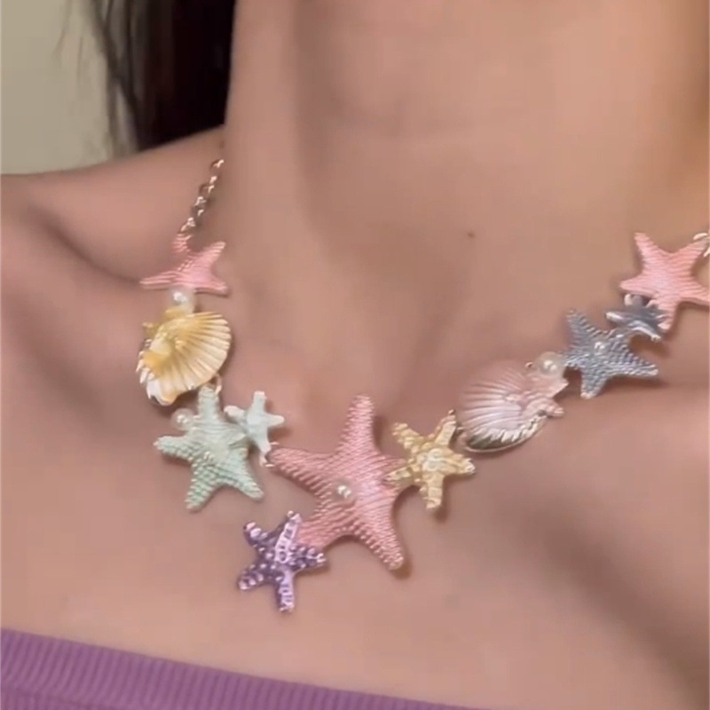 Colorful Ocean Style Necklace Starfish and Shell Pendant Summer Beach 