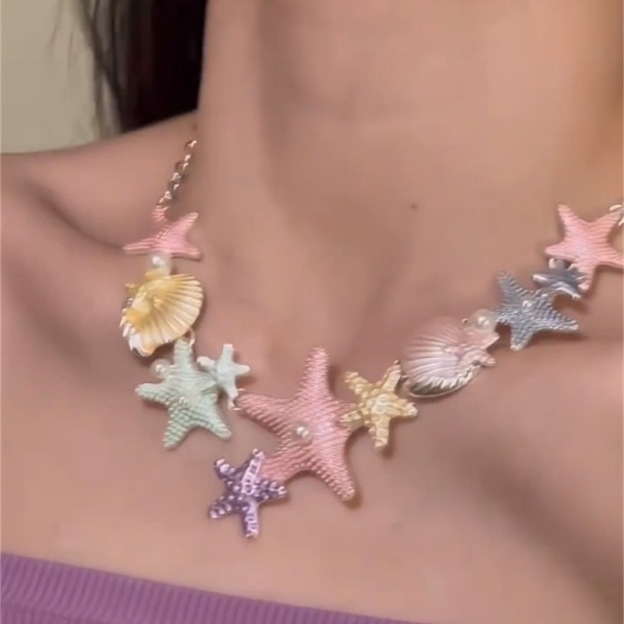 Colorful Ocean Style Necklace Starfish and Shell Pendant Summer Beach Jewelry for Women