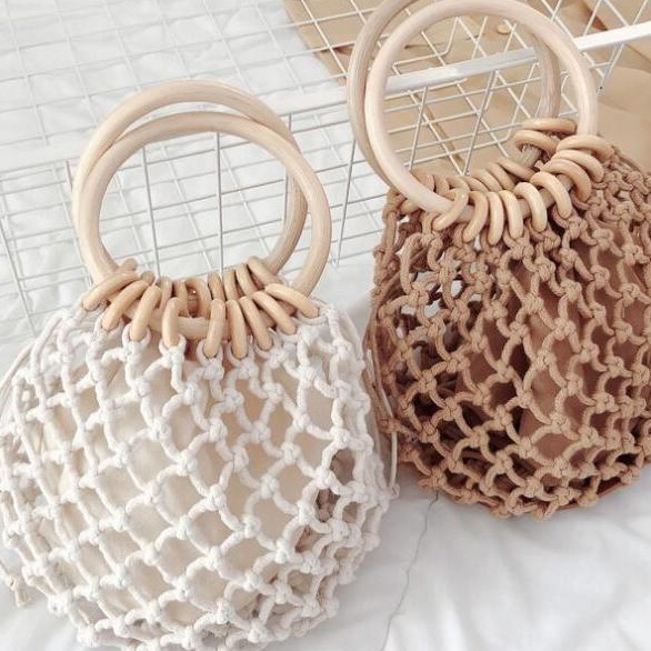 Mini Wooden Ring Cotton Rope Openwork Mesh Handbag Handwoven Straw Beach Tote