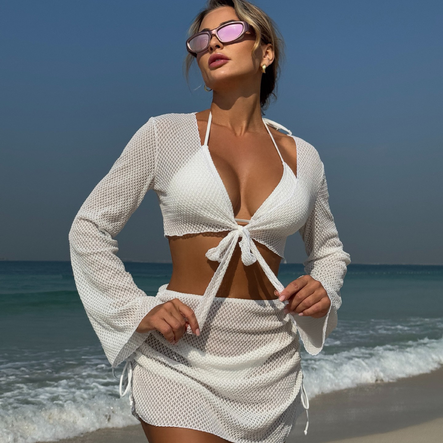 Sexy Halter Mesh Four Piece Bikini Swimsuit Including Sheer Cover Up and High Waist Mesh Skirt