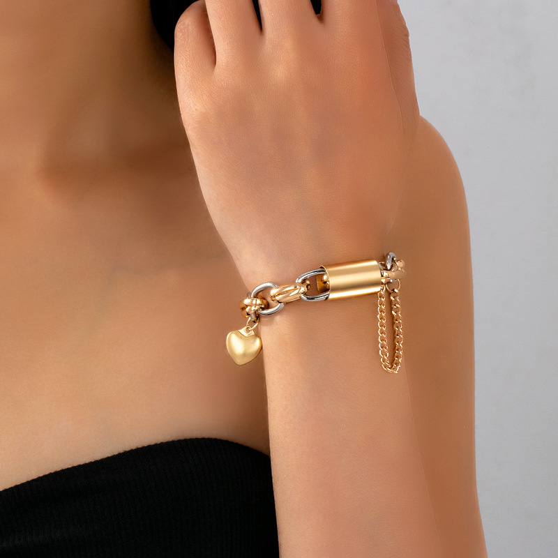 Gold and Silver Chain Bracelet Heart Charm Mixed Metal Fashion Jewelry for Women