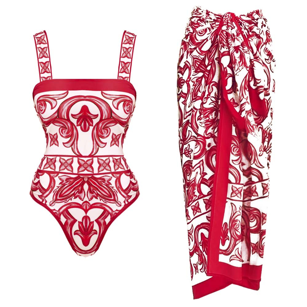 Ethnic-Inspired Printed One-Piece Swimsuit with Matching Skirt Set
