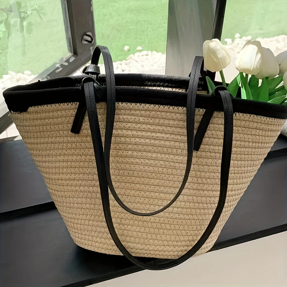Versatile Straw-Woven Cotton Rope Tote Bag Large Capacity Vacation-Style Beach Bag