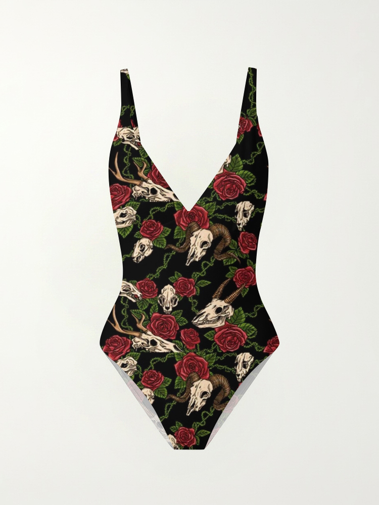 Rose and Animal Skull Plunging Swimsuit