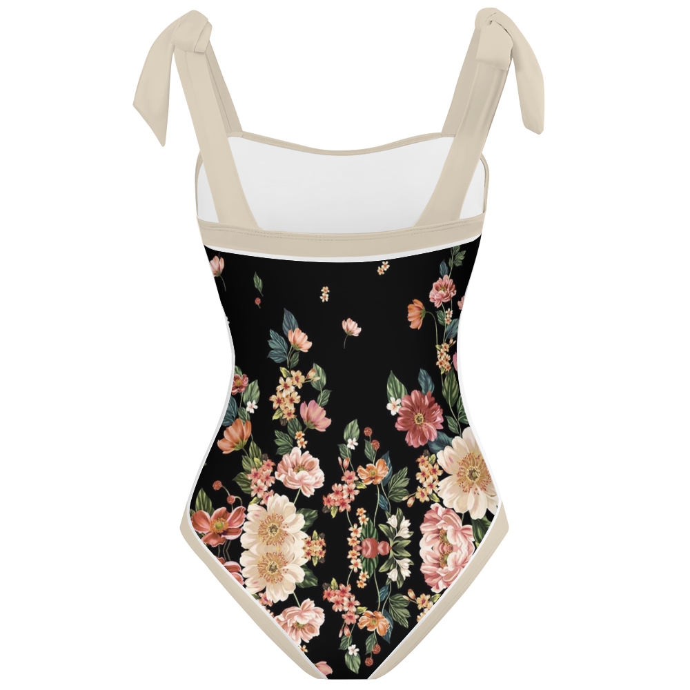 Women's Floral Bow Straps One-Piece Swimsuit and Matching Sarong Skirt