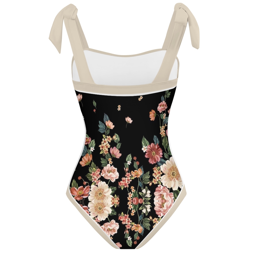 Women's Floral Bow Straps One-Piece Swimsuit and Matching Sarong Skirt
