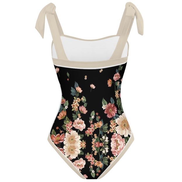 Women's Floral Bow Straps One-Piece Swimsuit and Matching Sarong Skirt