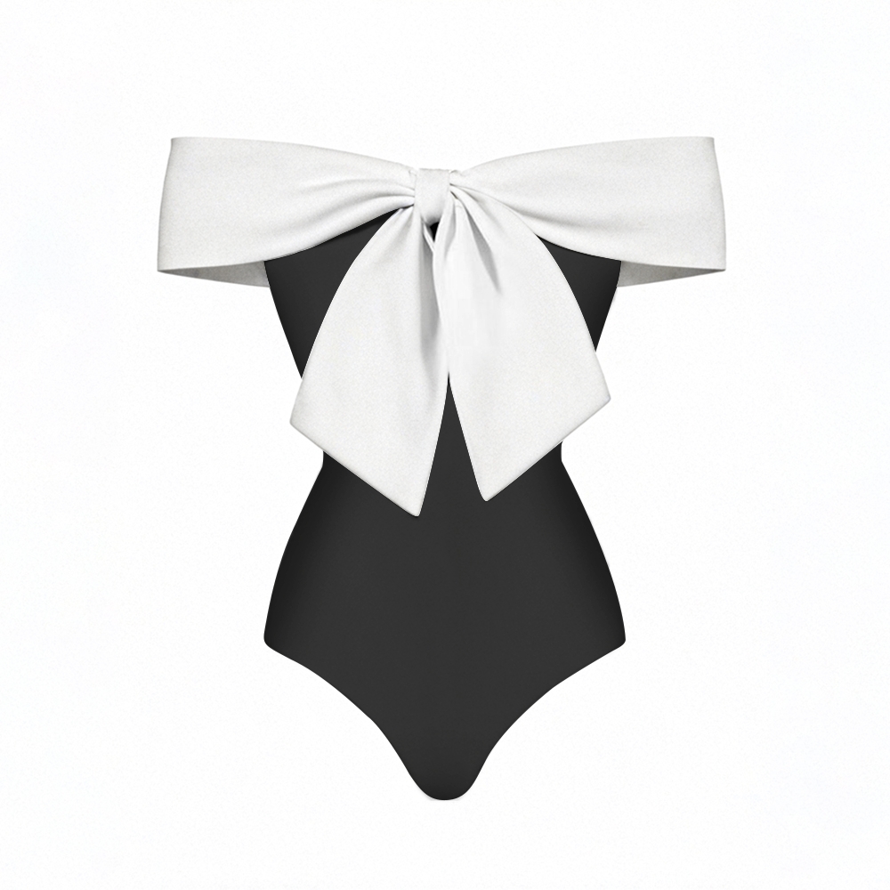 Black One Piece Swimsuit with White Bow and Matching Sarong Skirt