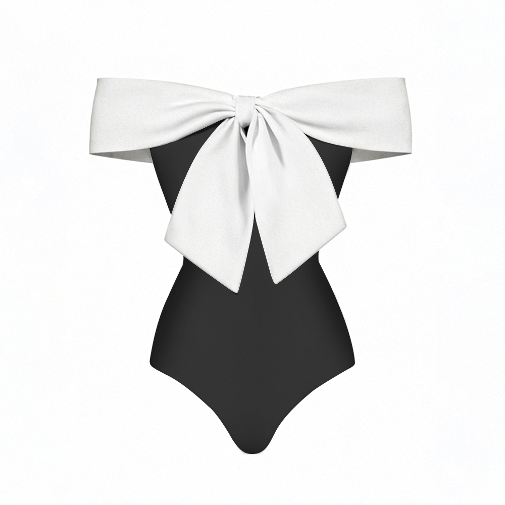 Black One Piece Swimsuit with White Bow and Matching Sarong Skirt