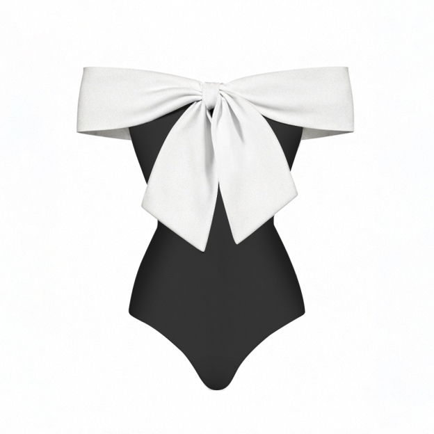 Black One Piece Swimsuit with White Bow and Matching Sarong Skirt