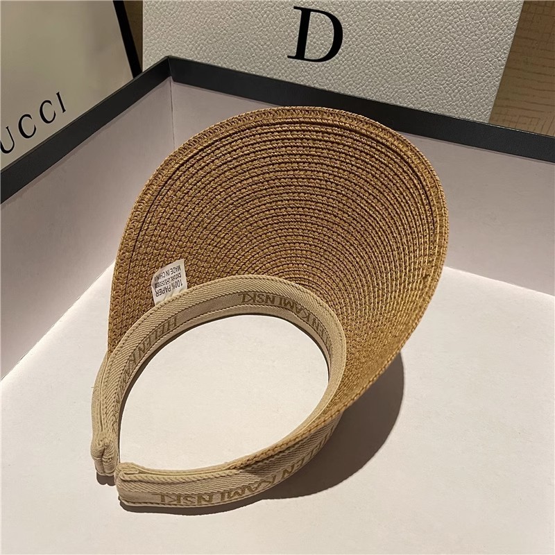 Straw Sun Visor With Wide Brim Open Top and Embroidered Band Suitable for Casual Summer Looks