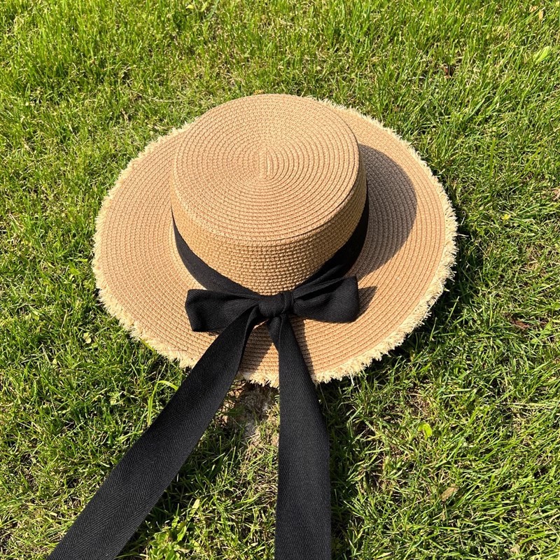 Straw Sun Hat With Wide Frayed Brim Round Crown and Bow Detail Perfect