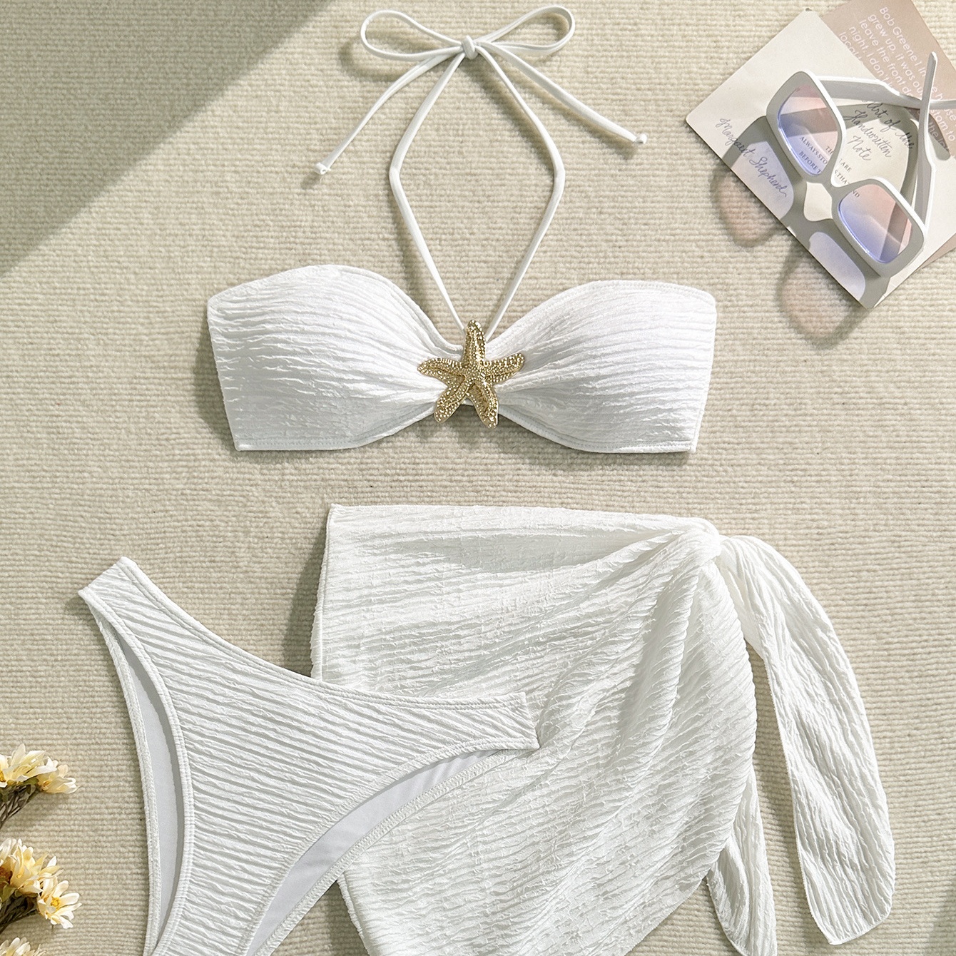 Three-piece Bikini Set with Starfish Accent and Wrap Skirt
