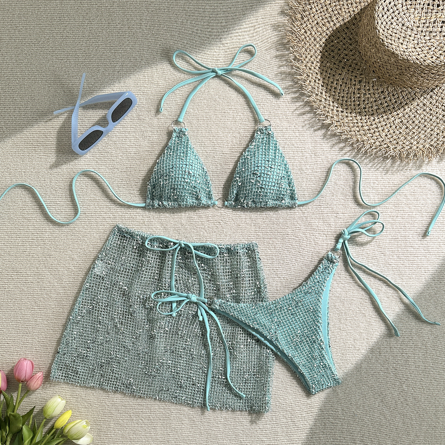 Sexy Halter Crochet Mesh Three Piece Bikini Swimsuit Featuring Matching Sequin Mesh Skirt