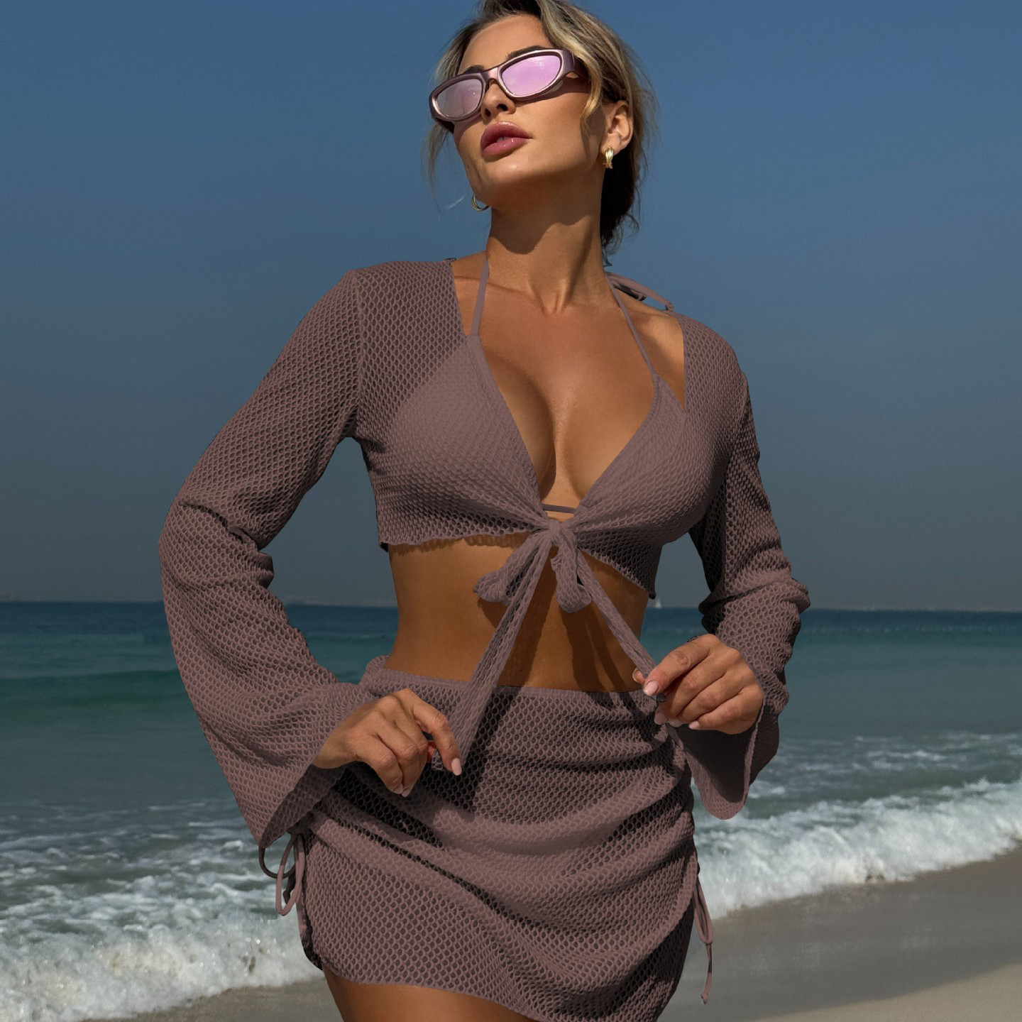 Sexy Halter Mesh Four Piece Bikini Swimsuit Including Sheer Cover Up and High Waist Mesh Skirt