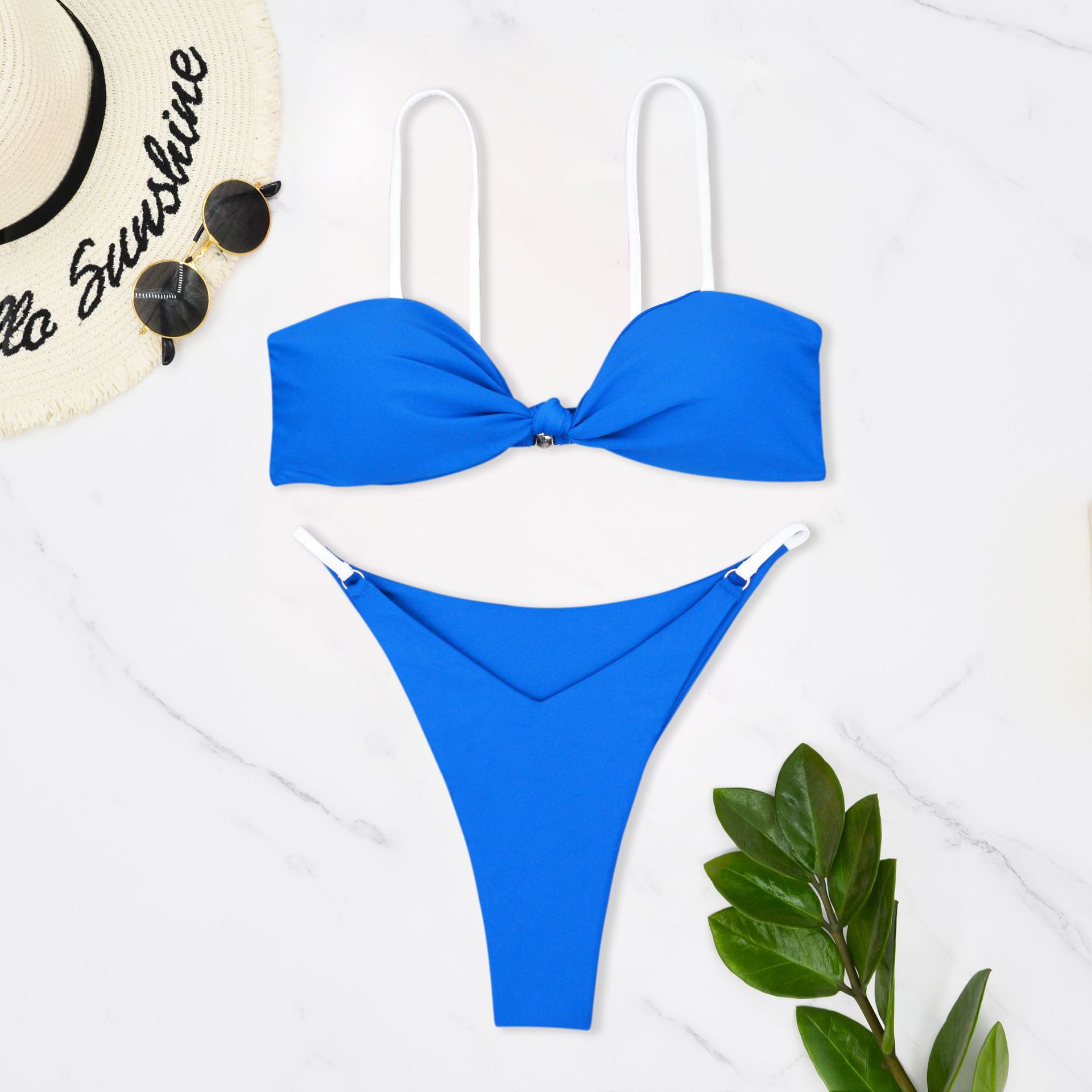 Triangle Bikini Top with Contrast Straps and Low Waist Side Tie Bottom