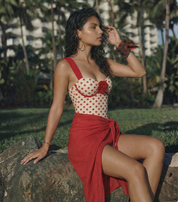 Red polka dot 3D flower Swimwear Set