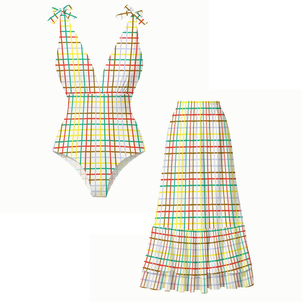 Colorful Plaid Print Halter One Piece with Ruffle Cover Up Skirt