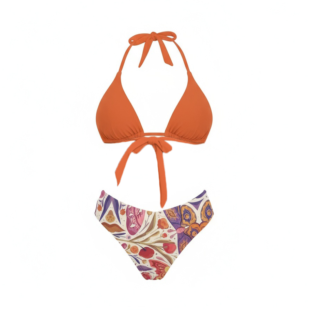 Burnt Orange Halter Bikini Top with Abstract Print Bottom and Wrap Skirt