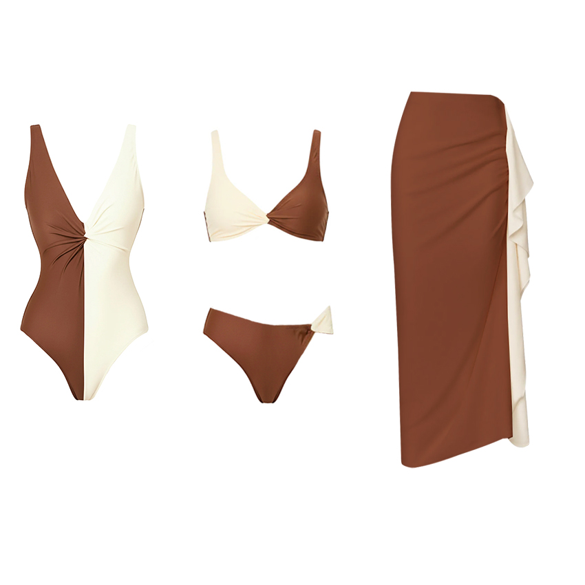 Chocolate Color Two Tone Bikini Swimsuit Set