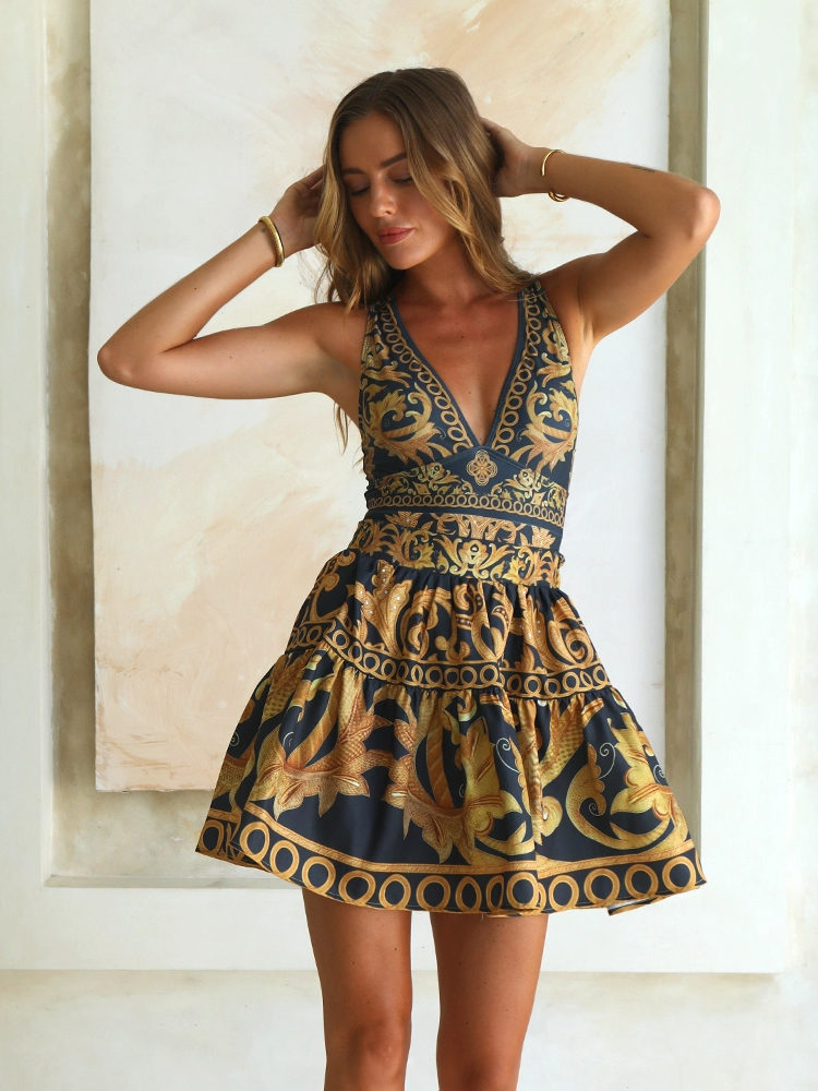 Gold Embroidery Decor Swimsuit and Skirt