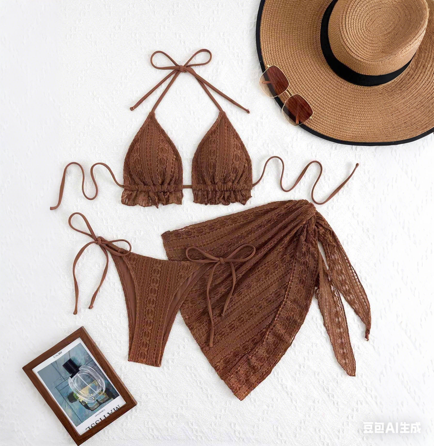 Women's Solid Color Halter Bikini with Sheer Skirt 3-Piece Swimsuit Set