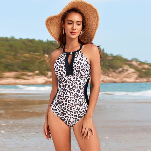 Leopard Print Contrast One-Piece Swimsuit