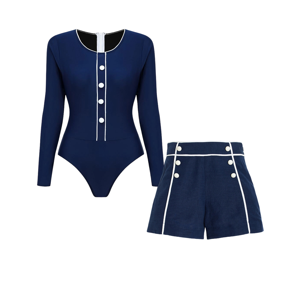Long Sleeve Navy Blue Surf Suit Set 