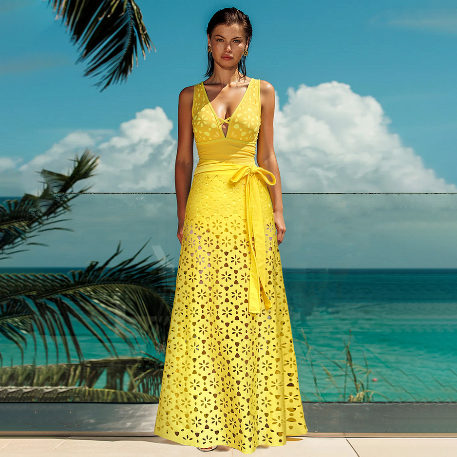 Women's V Neck Bestselling Sexy Solid Color Cut-Out One-Piece Swimsuit Set - Yellow