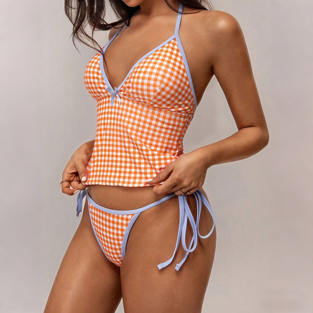 Women's V-neck Orange Gingham Tankini Swimsuit