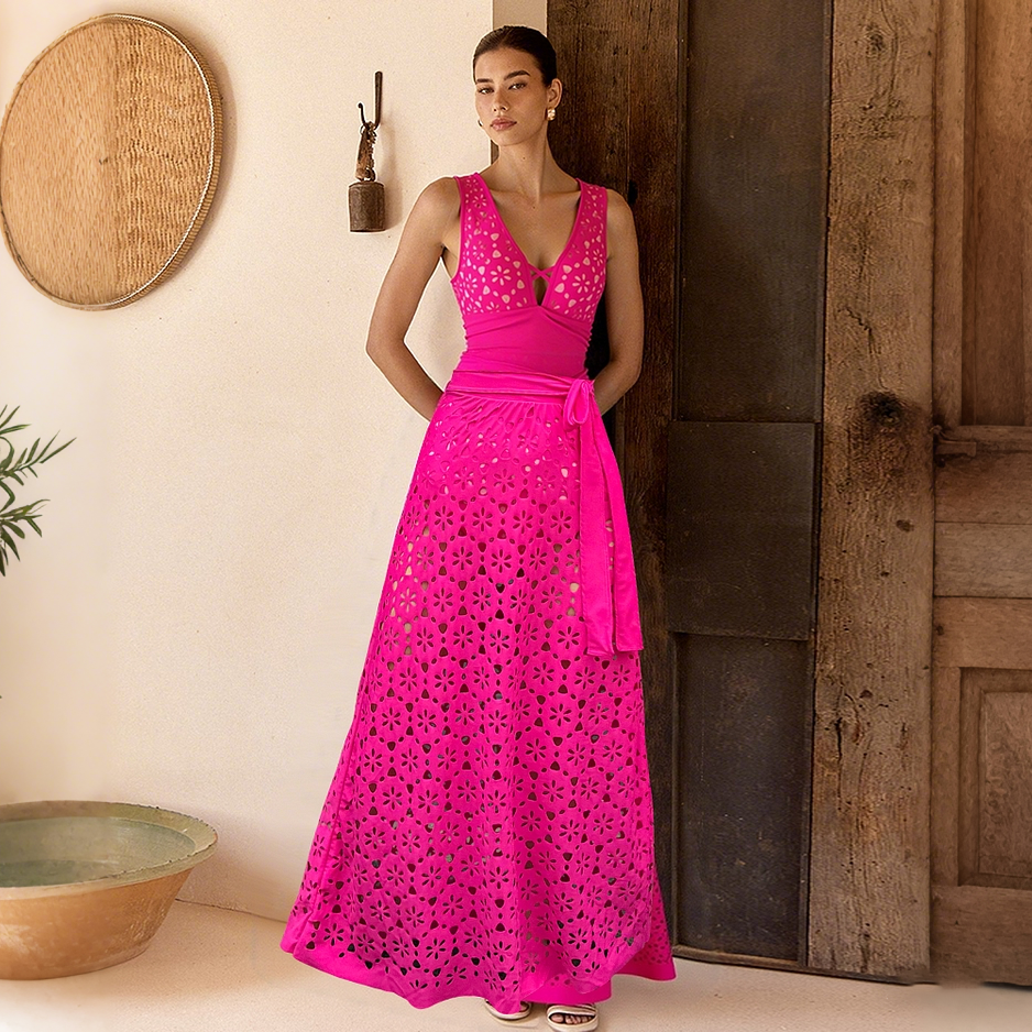 Women's V Neck Bestselling Sexy Solid Color Cut-Out One-Piece Swimsuit Set -Pink