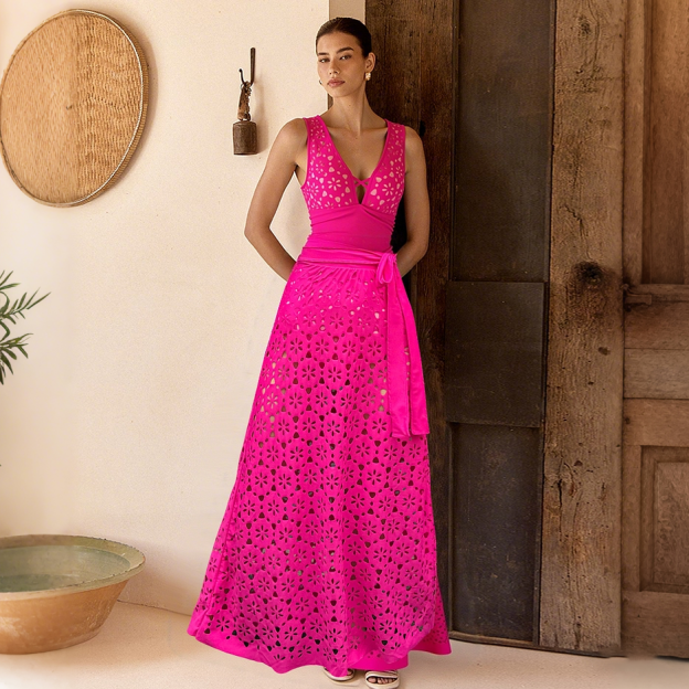 Women's V Neck Bestselling Sexy Solid Color Cut-Out One-Piece Swimsuit Set -Pink