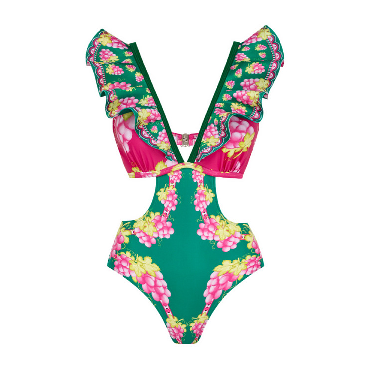 Women's Plunging V-Neck and Vintage Print One-Piece Swimsuit with Skirt