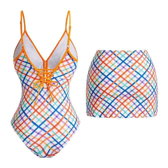 Women's Plaid Print One-Piece Swimsuit and Matching Skirt