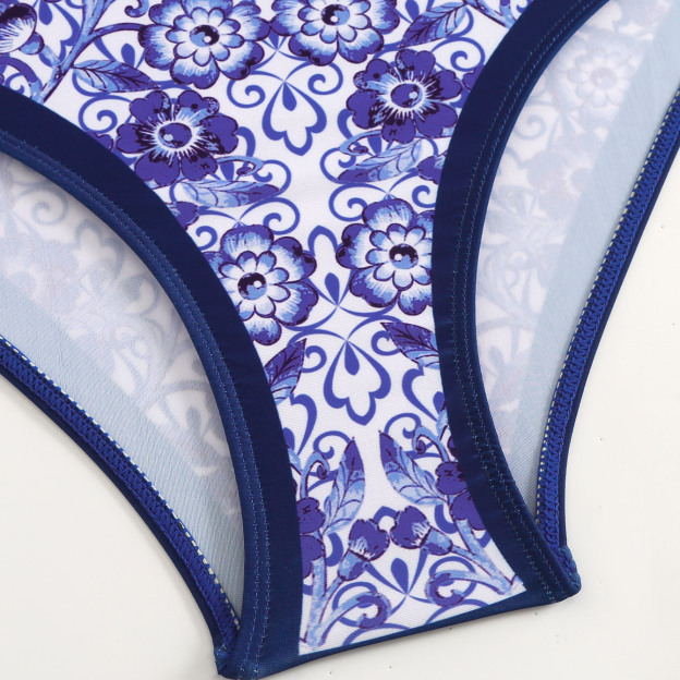 Women's Blue and White Porcelain Print One-Piece Swimsuit and Matching Maxi Skirt