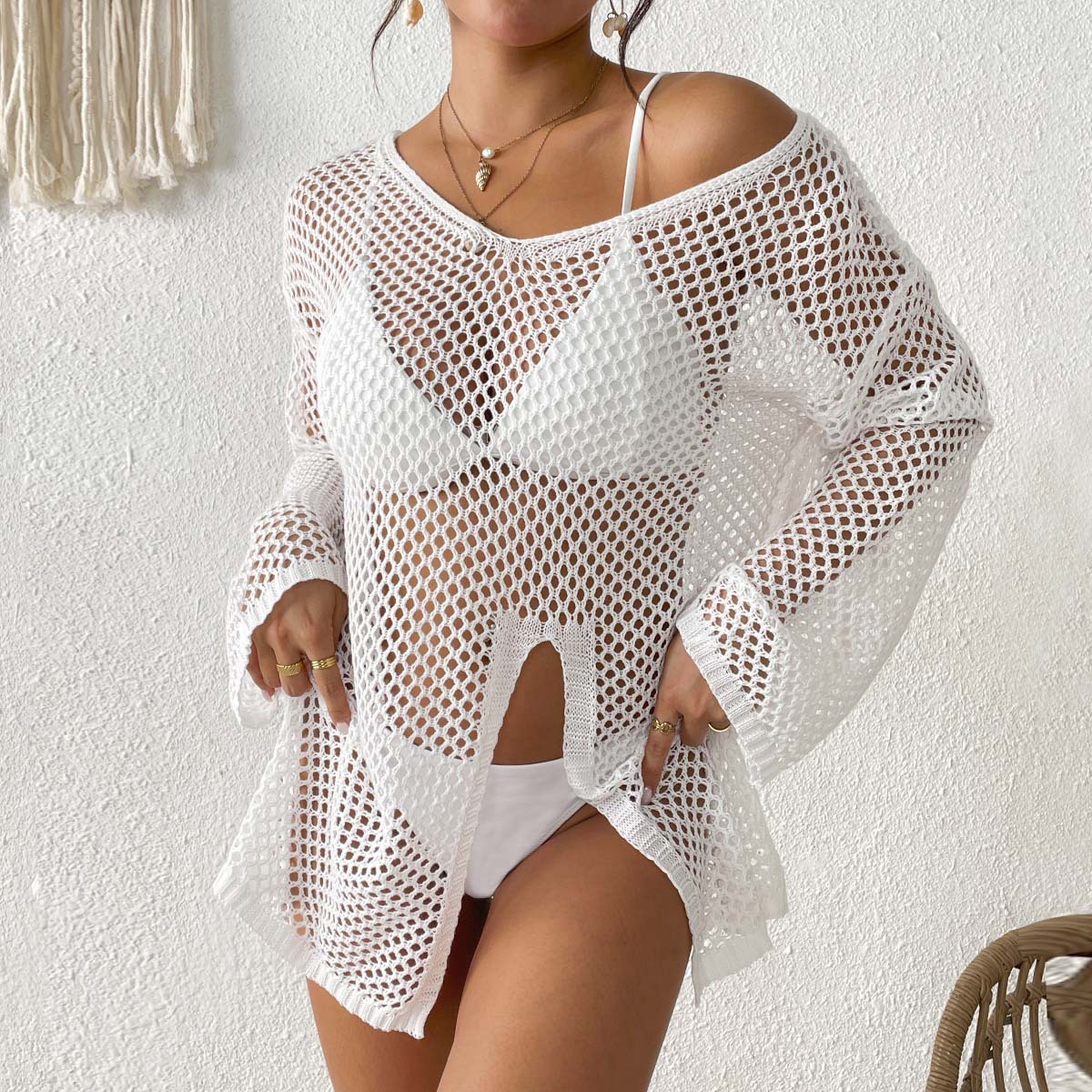 Women's Asymmetric V-Neck Cover-Up with Cut-Out Details and Side Slit