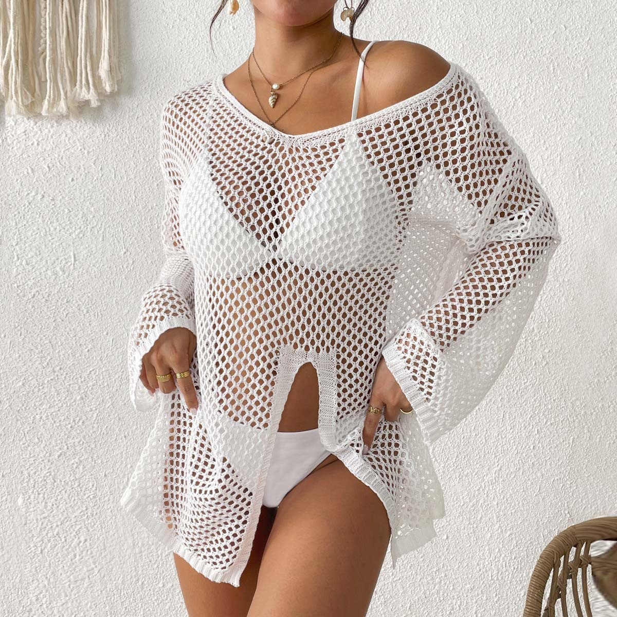 Women's Asymmetric V-Neck Cover-Up with Cut-Out Details and Side Slit