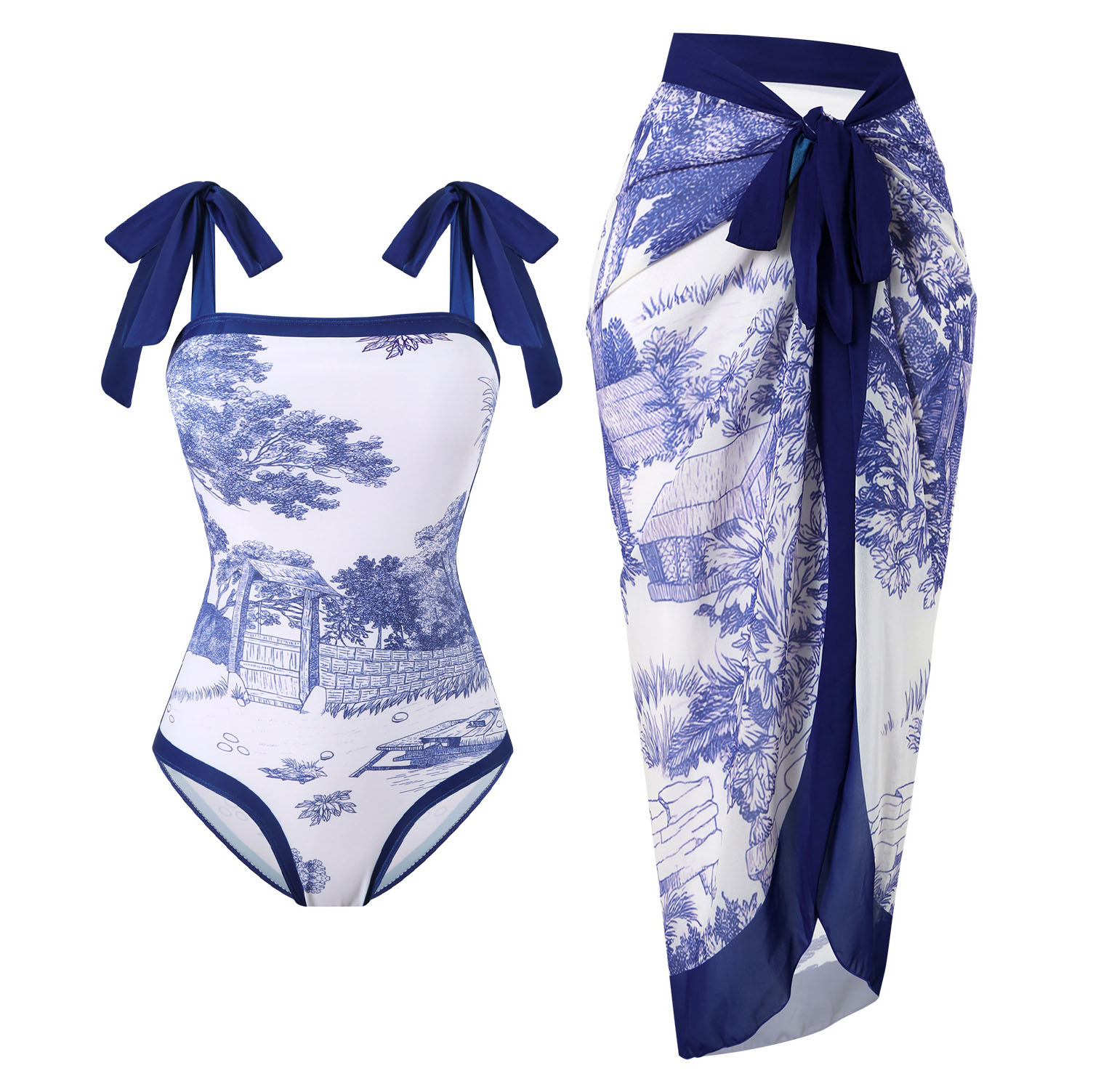 Women's Scenic Painting Print One-Piece Swimsuit and Matching Maxi Skirt