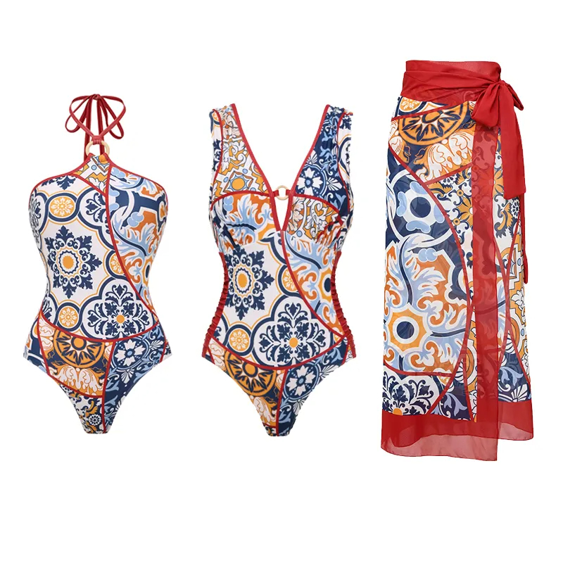 Vintage Printed Halter One Piece Swimsuit and Sarong