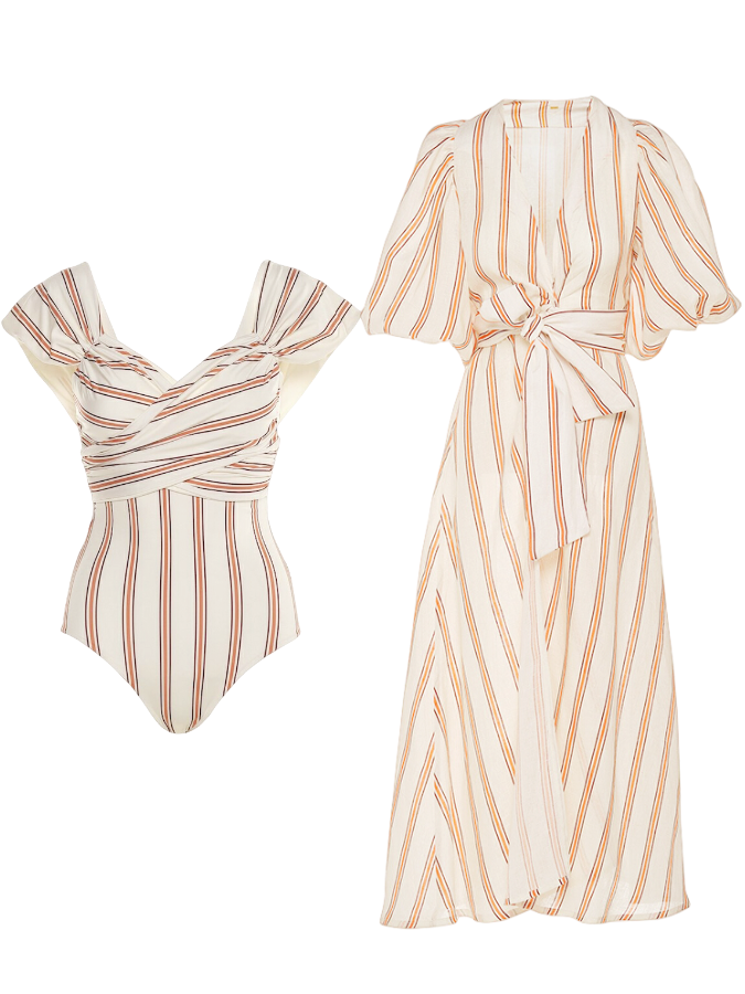 Stripes One Piece Swimsuit and Kimono Swimwear