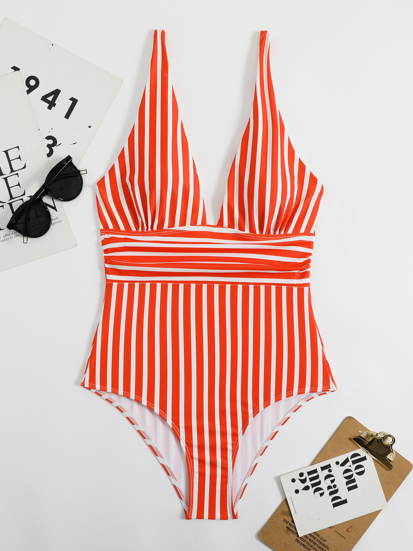 Sexy Striped V-Neck Waist-Defining One-Piece Swimsuit