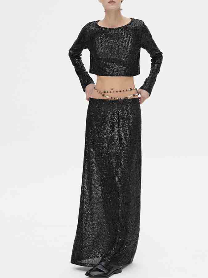 Sequin Stunning Long Sleeves Top and Skirt Sets