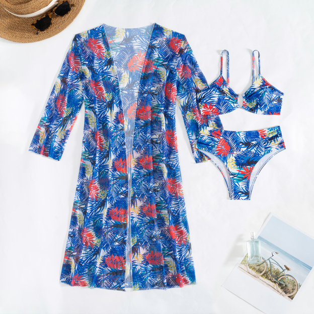 Tropical Print Three Piece Bikini Set with Side Tie Bottom and Sheer Cover-Up