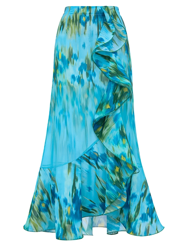 Lake Blue Water Lily Print Off Shoulder One-Piece with Ruffle Maxi Skirt