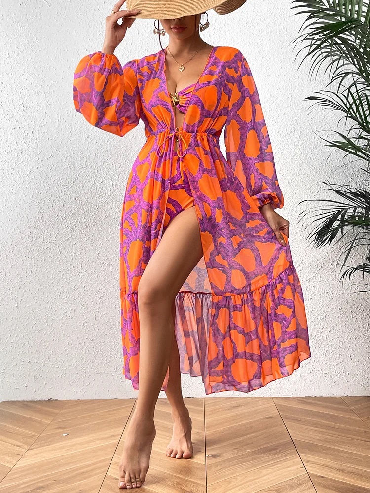 Starfish Printed Cutout One Piece Swimsuit and Cardigan