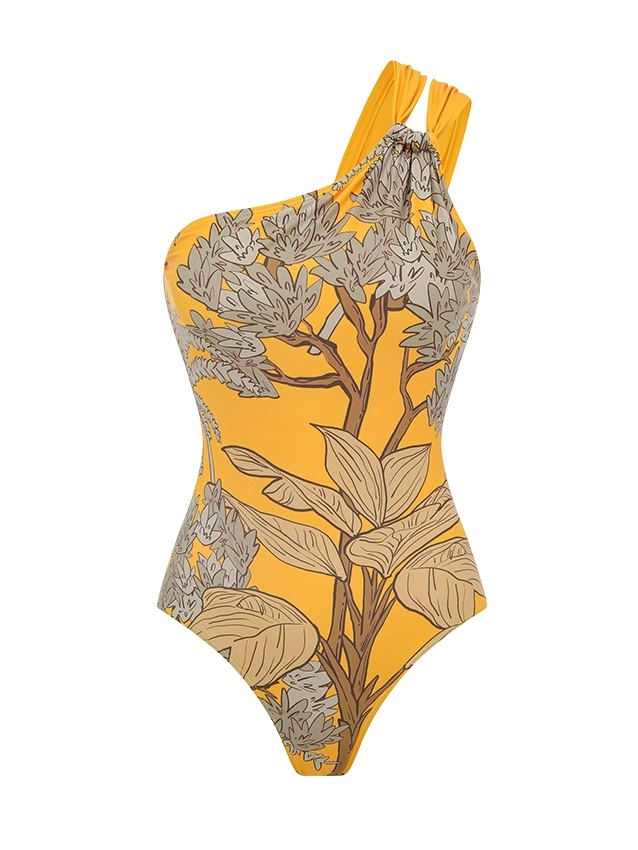 Botanical Leaf Yellow Printed Swimsuit & Cover-Up Set
