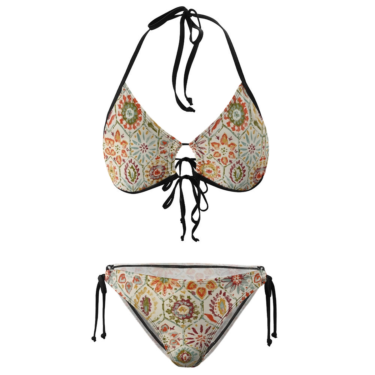 Retro Boho Halter Tie Bikini 3-Piece Set with Matching Sarong Skirt
