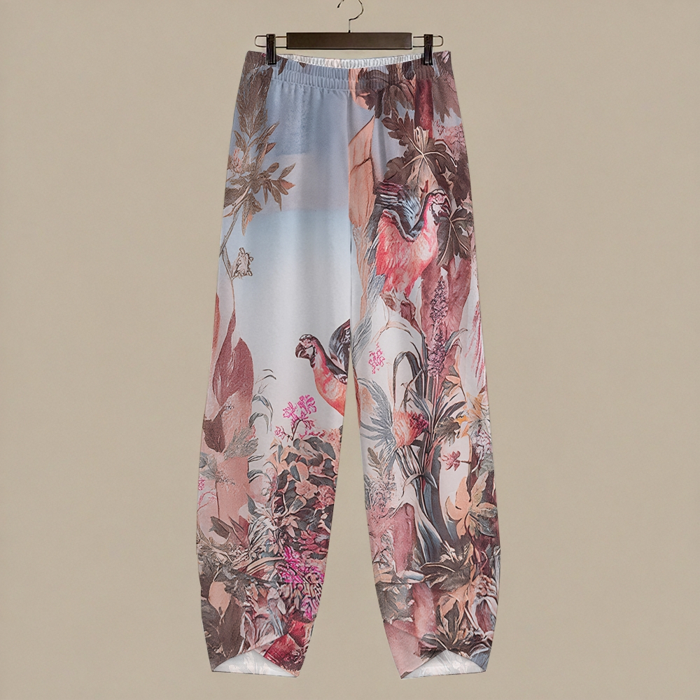 Tropical Floral Halter One-Piece Swimsuit with Scenic Print Pants Set